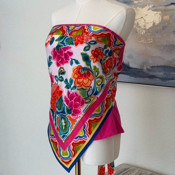 Caché Y2K Silk Scarf/Handkerchief Print Strapless Top Floral Bandana Hem - Picture 9 of 16